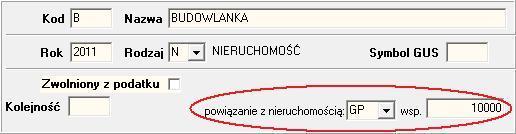 Przykład: dodajemy grunt o powierzchni 0,01ha, który w słowniku Rodzajów gruntów ma następujący opis: Gdzie GP w Słowniku stawek podatków od nieruchomości ma następującą