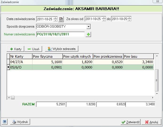 Po naciśnięciu przycisku Zaświadczenia, otwiera się okno Kreator zaświadczeń. Domyślnie na liście wzorów zaświadczeń znajdują się dwa typy zaświadczeń: Figuruje i Nie figuruje.