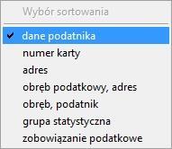 Centralną część okna zajmuje lista kart podatkowych w układzie kolumnowym, gdzie kolejne kolumny odpowiadają: numerowi karty, nazwie podatnika, danym adresowym itp.