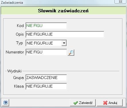 Konsekwencją uruchomienia funkcji Zaświadczenia jest otwarcie okna Kreator zaświadczeń. Domyślnie na liście wzorów zaświadczeń znajdują się dwa: Figuruje i Nie figuruje.