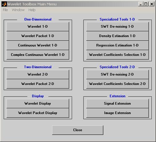 Rys. 9. Menu główne Wavelet Toolbox Transformata ciągła znajduje się pod przyciskiem Continuous Wavelet -D, a transformata dyskretna pod przyciskiem Wavelet -D.