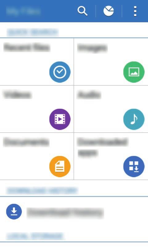 Podstawowe informacje Moje pliki Ta aplikacja służy do uzyskiwania dostępu do różnych plików przechowywanych na urządzeniu. Dotknij Moje pliki na ekranie aplikacji. Wyszukaj pliki lub foldery.