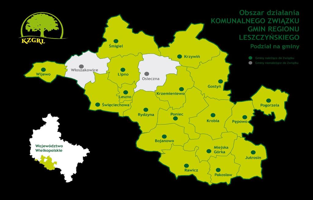 Gostyń, Jutrosin, Krobia, Krzywiń, Miejska Górka, Pogorzela, Poniec, Rawicz, Rydzyna Śmigiel) oraz 6 gmin wiejskich (Krzemieniewo, Lipno, Pępowo, Pakosław, Święciechowa, Wijewo).