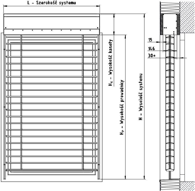 Rys. 11. Wymiary systemu żaluzji fasadowych C80 BOX - z kasetą podtynkową. * - Wymiar zmienny, standardowo 30 mm.