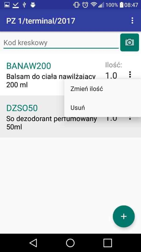 W odróżnieniu od kompletacji, każdy dodany towar do dokumentu można usunąć lub zmienić jego ilość. Aby to zrobić należy kliknąć w trzy kropki z prawej strony towaru.