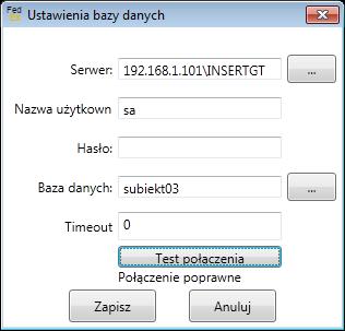 Po naciśnięciu przycisku Test połączenia zostanie wysłane testowe zapytanie do bazy danych, w celu sprawdzenia konfiguracji.