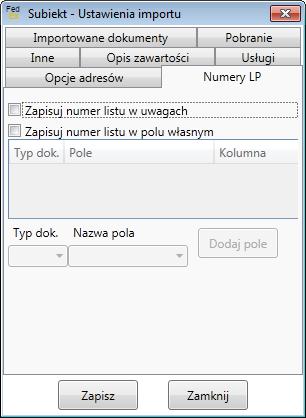 Zapisuj numer listu w polu własnym opcja pozwala na konfigurację zapisywania numeru listu przewozowego (po udanym eksporcie) do wybranego pola własnego.