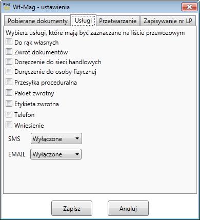 7.3.2 Usługi Zakładka służy do wyboru usług, które będą zaznaczane na każdym tworzonym liście przewozowym.