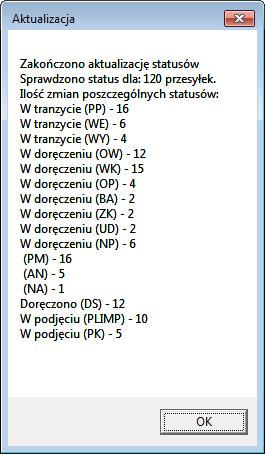 Po uruchomieniu zostanie wyświetlone okno aktualizacji statusów, wyświetlające zestawienie numerów LP wraz z ostatnich przypisanym do nich statusem.