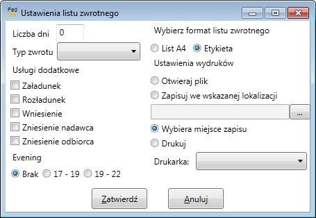 przypadkach pojawi się okno przygotowania etykiety zwrotnej: W oknie tym wybieramy usługi dodatkowe i potwierdzamy przyciskiem Zatwierdź. 11.