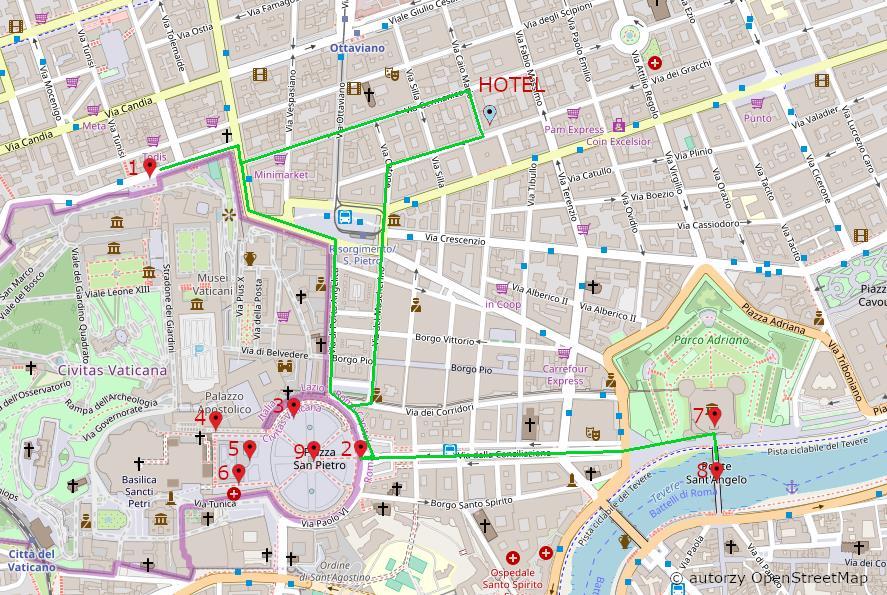 Pakiet PRZEWODNIK Przykład planu zwiedzania dostosowanego do trzydniowego pobytu w Rzymie. Fragment pokazujący jeden dzień zwiedzania. Dzień 1 Plan: Muzea Watykańskie, Plac św.