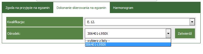 Po wybraniu kwalifikacji w widoku zostanie dodana lista zawierająca identyfikatory ośrodków, których PZE zatwierdzili w serwisie zgodę na przyjęcie zdających ze szkoły.