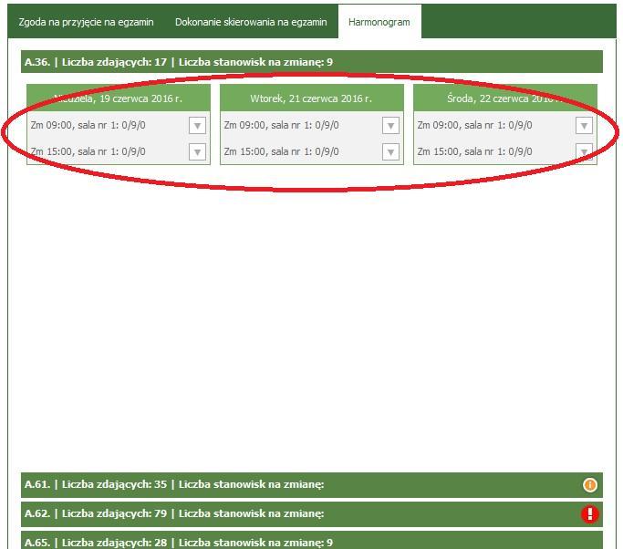 W przykładzie zamieszczonym na powyższym rysunku dla kwalifikacji A.36 w harmonogramie egzaminów dopuszczalne są tylko 3 dni (19, 21 i 22 czerwca).