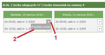 Wybranie pozycji Przydziel ucznia spowoduje wyświetlenie okienka zawierającego dane zdających przydzielonych na egzamin do ośrodka, którzy nie zostali jeszcze przydzieleni