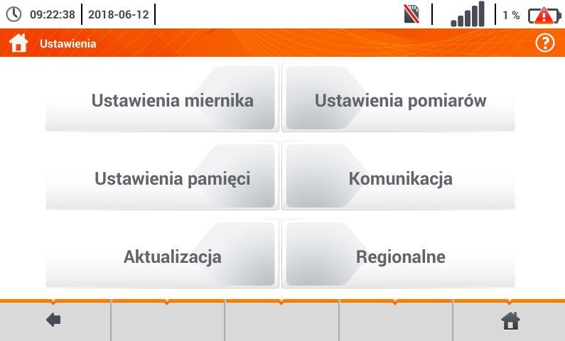 2.1 Ustawienia miernika Z poziomu ekranu Ustawienia miernika można ustawić datę, czas i jasność wyświetlacza. W menu głównym wybrać Ustawienia.