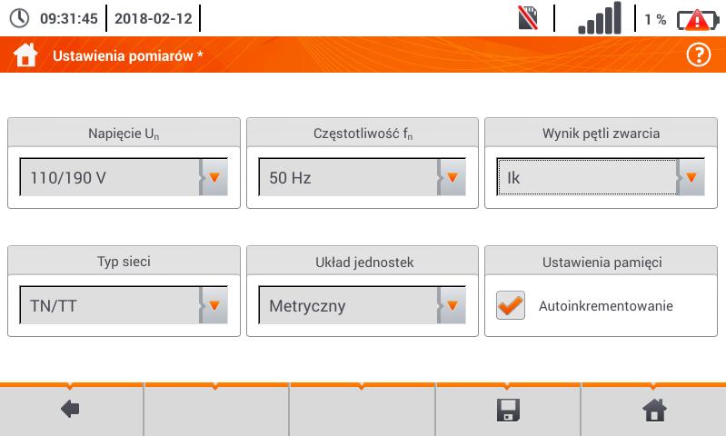 2.2.1 Podmenu Ustawienia pomiarów Opcja Ustawienia pomiarów zawiera następujące pozycje: napięcie znamionowe sieci, częstotliwość sieci, sposób prezentacji wyniku pętli zwarcia, typ sieci zasilającej