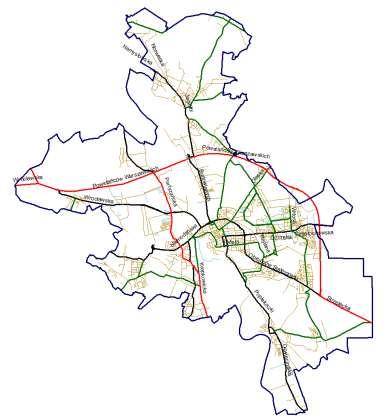 Rys. 2 Układ drogowy Opola odcinki dróg uwzględnione w aktualnej mapie hałasu drogowego.