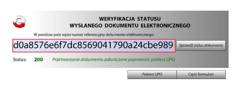 Jeśli weryfikacja dokumentu się zakończyła pozytywnie, pojawi się Status dokumentu 200 i można wtedy kliknąć pobierz UPO.