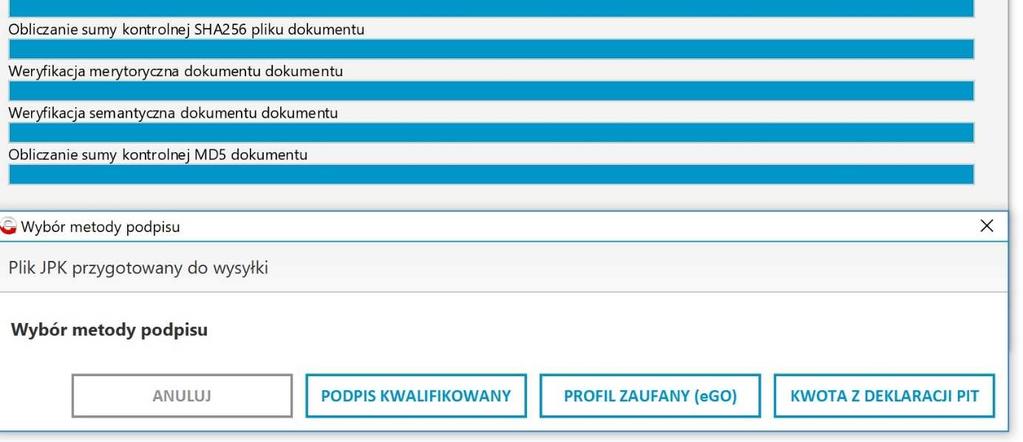 Po sprawdzeniu poprawności pliku, aplikacja poprosi o wybór rodzaju podpisu autoryzującego. W zależności od rodzaju podpisu, późniejszy proces przebiega inaczej.