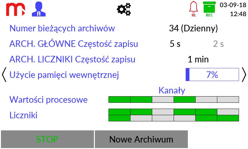 W górnej części ekranu znajduje się pole zawierające dane dotyczące parametrów archiwum: numer i typ bieżącego archiwum, częstość zapisu archiwum bieżącego (aktywna zaznaczona kolorem czarnym;