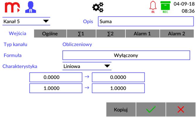 Rys. 11.5 Wprowadzanie formuły w kanale obliczeniowym. Pole Działanie umożliwia wybór jednej z czterech dostępnych formuł za pomocą rozwijalnej listy oraz symboli: +, -, ˣ,.