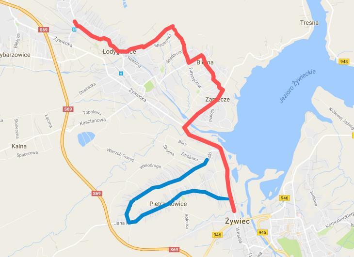 Rysunek 3 Mapa połączeń spółki MZK Żywiec na terenie Gminy Łodygowice Źródło: Opracowanie własne na podstawie: Google Maps, MZK