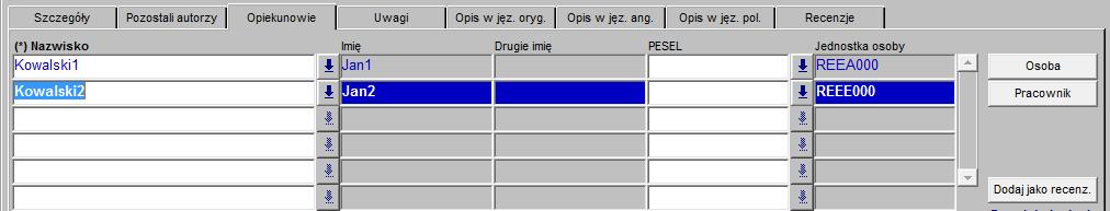 Kod rozliczenia pensum musi odpowiadać jednostce organizacyjnej, w której jest zatrudniony dany pracownik. Np.