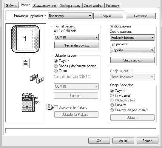 3 Wybierz ustawienia w sterowniku drukarki. () (2) (3) () Wybierz format koperty w polu "Format papieru". (2) Wybierz "Podajnik Boczny" z menu "Źródło papieru" w polu "Wybór Papieru".