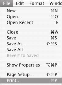 Drukowanie pliku () Wywołaj polecenie druku z programu TextEdit. () Otwórz menu [File]. (2) Wybierz [Print]. W systemie Mac OS 9 wybierz [Print] z menu [File] programu SimpleText.