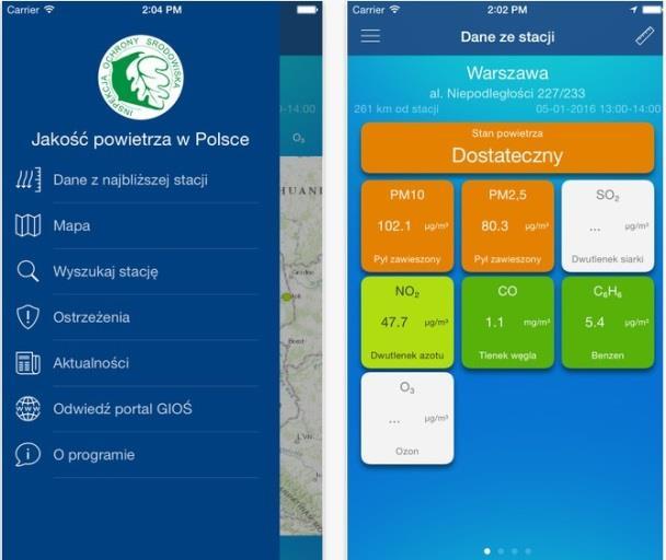 W 2016 roku uruchomiono również aplikację mobilną Jakość powietrza w Polsce, w której znajdują się: aktualne wyniki pomiarów, mapa lokalizacji stacji pomiarowych, informacje i ostrzeżenia o wysokich