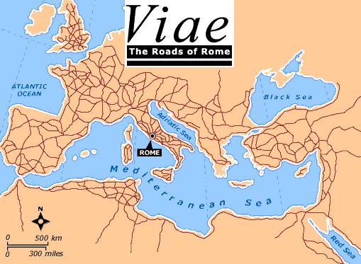 3. Zapoznaj się z mapą ukazującą sieć rzymskich dróg i wykonaj polecenia. Źródło: http://tiny.pl/gsmgk A. Zacytuj powiedzenie, które odnosi się do treści przedstawionej mapy.... B.