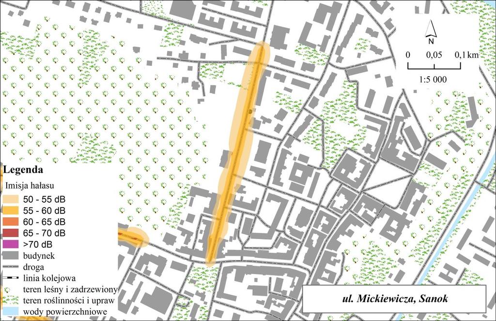 Rys. 6.4.10. Mapa imisji hałasu dla wskaźnika LDWN w Sanoku przy ul. Mickiewicza w 2017 r.