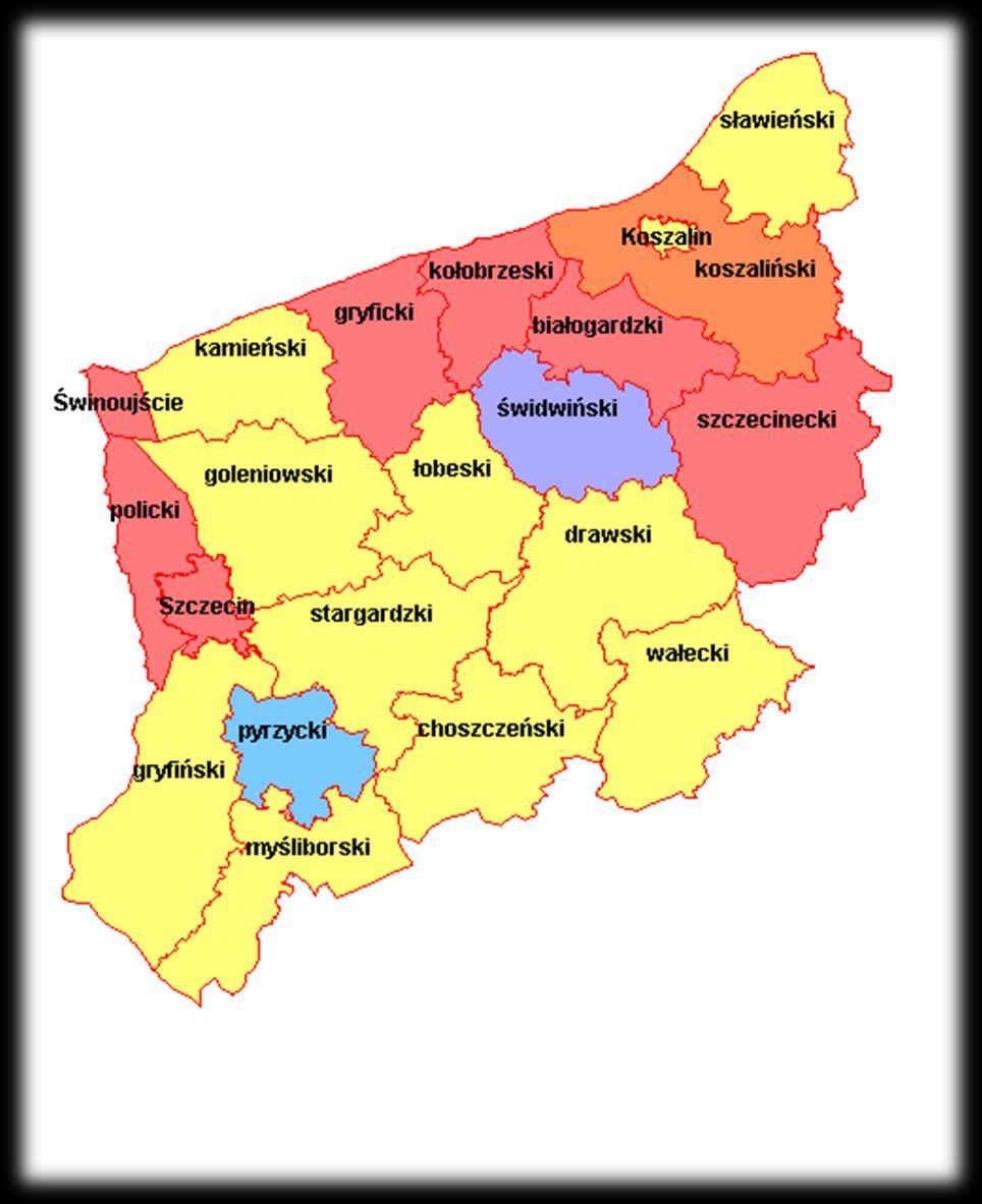 Mapa województwo zachodniopomorskie - wyniki w powiatach (zdawalność %) sesja