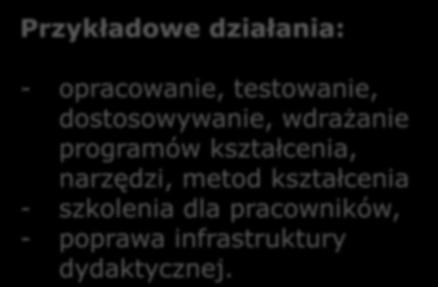 Typy projektów Projekty wspólne: => Oddziałują na instytucje Projekty strukturalne: => Oddziałują na systemy opracowanie programów nauczania Przykładowe działania: modernizacja zarządzania uczelnią i