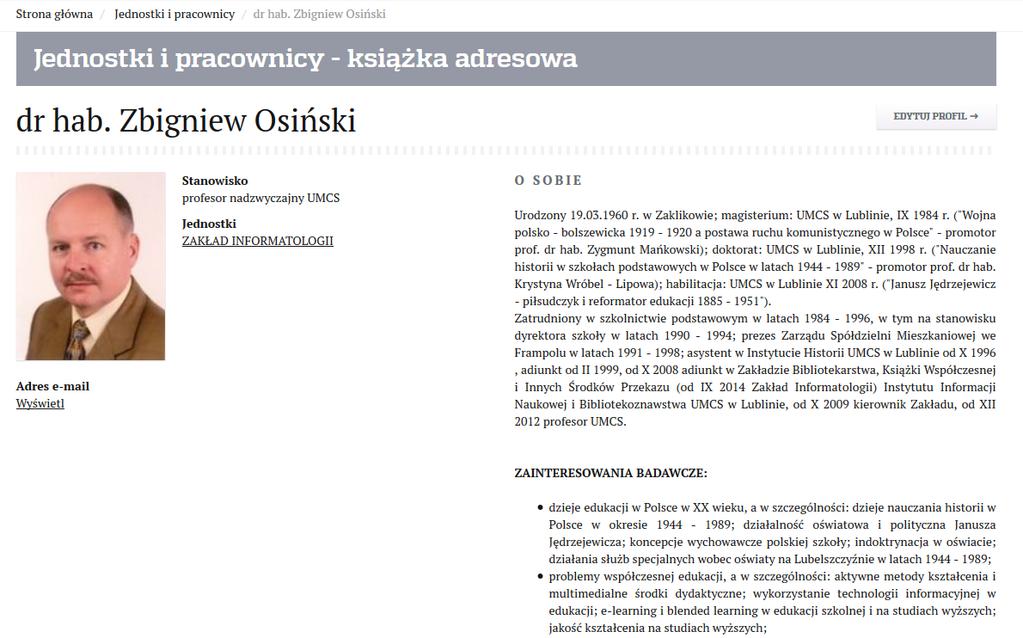 Badani pracownicy Stopień / tytuł Płeć Data ostatniej aktualizacji Liczba zakładek / podstron / nagłówków Czy udostępnia materiały