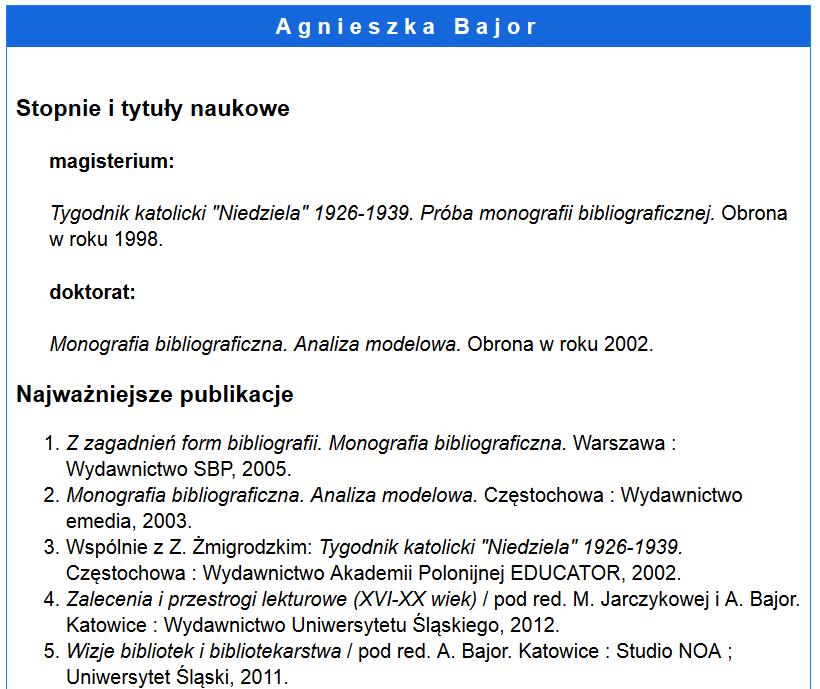 Badani pracownicy Stopień / tytuł Płeć Data ostatniej aktualizacji Liczba zakładek / podstron / nagłówków Czy udostępnia materiały