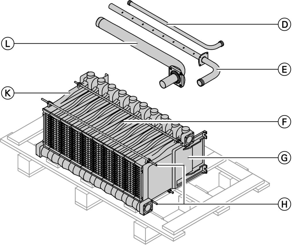 Przygotowanie montażu (ciąg dalszy) Dolna część palety D Rura przyłączeniowa gazu E Rura wody powrotnej F Człony środkowe odpowiednio do znamionowej mocy cieplnej Bez ilustracji & Opakowanie