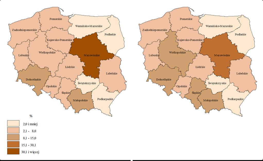 24 Cudzoziemcy w polskim systemie ubezpieczeń społecznych Rysunek 13. Udziały cudzoziemców zgłoszonych do ubezpieczeń emerytalnego i rentowych według województwa siedziby płatnika A. Stan na 31.12.