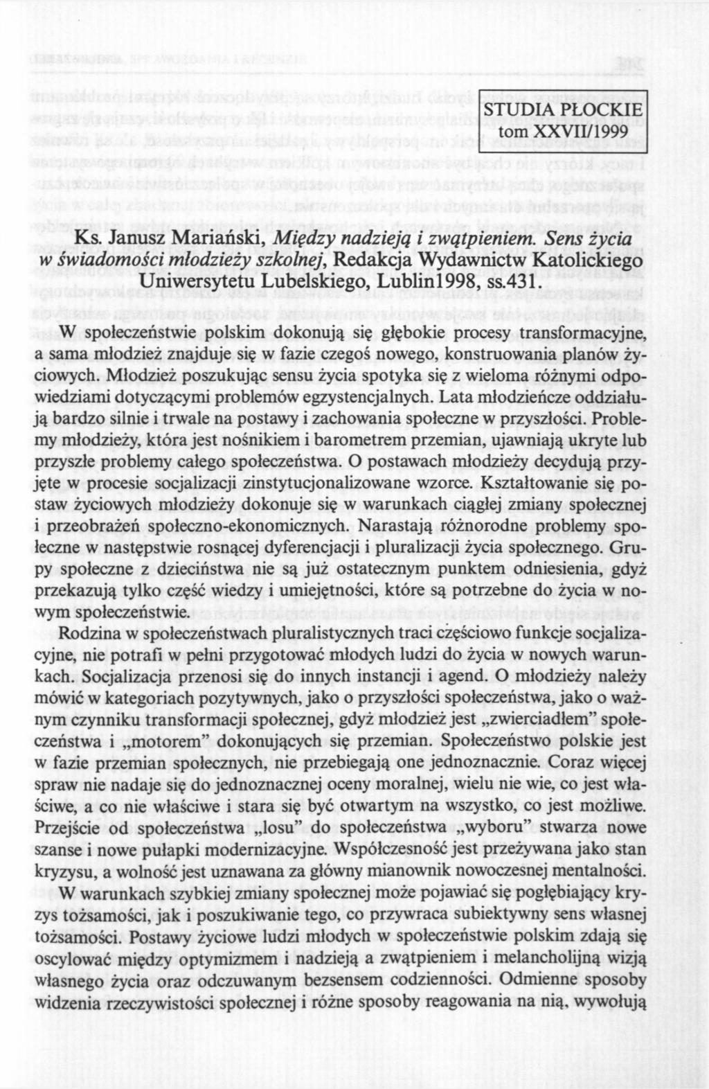 STUDIA PŁOCKIE tom XXVII/1999 Ks. Janusz Mariański, Między nadzieją i zwątpieniem.