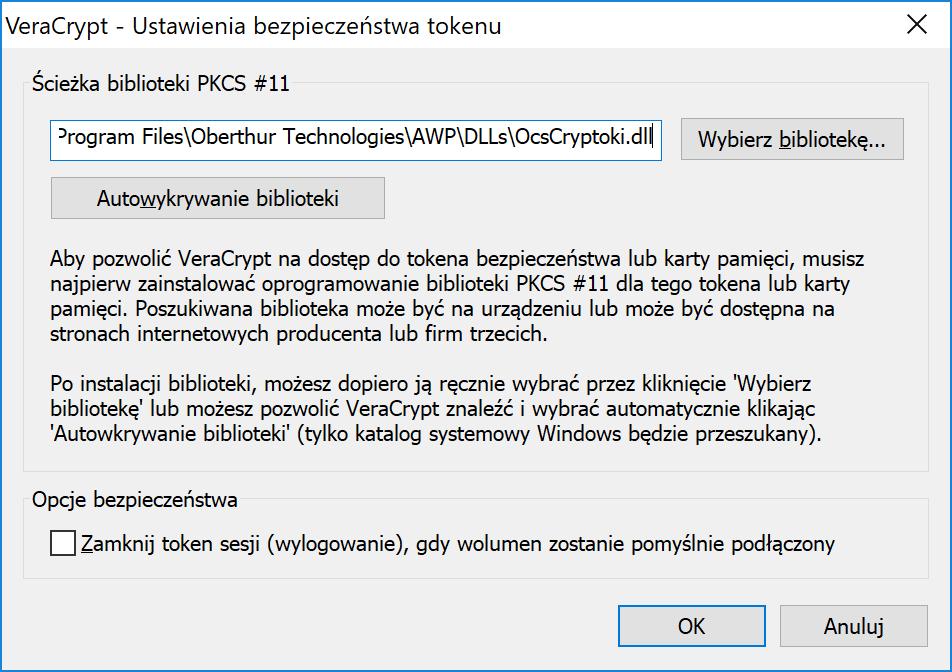 Konfigurowanie oprogramowania VeraCrypt Ustawienia Tokeny bezpieczeństwa wskazanie