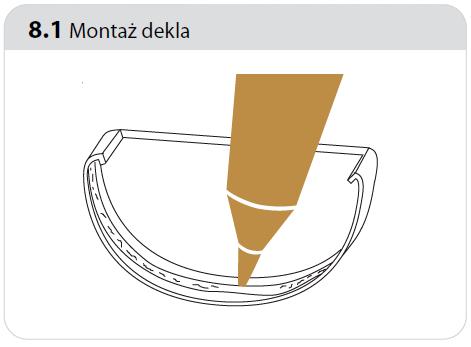 Miejsce, wewnątrz styku rynien z narożnikiem, wypełnić klejem. Po montażu narożników i złączek wkleić stopery (dołączone do sztucera). Na dekiel nałożyć pasek kleju o szerokości ok.