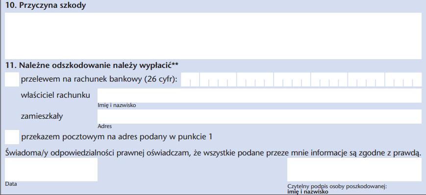 Procedura uproszczona Podaj szczegółową przyczynę powstania szkody, Numer rachunku bankowego znacznie przyspieszy