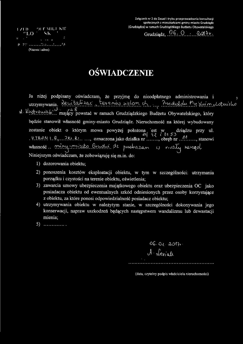 .Q. ~:..O.~....~.1 X:. OŚWIADCZENIE Ja niżej podpisany oświadczam, że przyjmę do nieodpłatnego administrowania i ~ utrzymywania.jl~.~.~~~.~[j.-...~(0.'.':'.\':?~..~.~~~-':'.'(jb..f~.?."::~'0~~~~- ~!