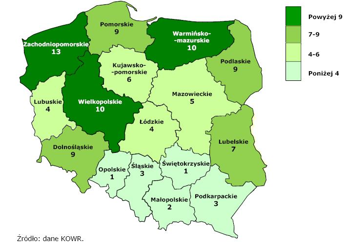 Rozmieszczenie terytorialne biogazowni rolniczych wg stanu na 31