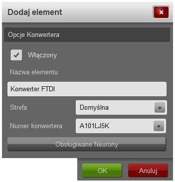 Rysunek 2: Konfiguracja elementu w przypadku wersji COM Rysunek 3: Konfiguracja elementu w przypadku wersji FTDI Włączony Nazwa Strefa Zaznaczenie tej opcji powoduje, że dany Konwerter USB-RS485 jest