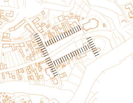 Ryc. 7. Współczesny plan centralnej części Grybowa z oznaczeniem 25-stopowych odcinków, na jakie można podzielić granice przyrynkowych bloków zabudowy. Opracowanie autora Fig. 7. Contemporary plan of the central part of Grybow with marked 25-foot sections into which boundaries of market blocks can be divided.