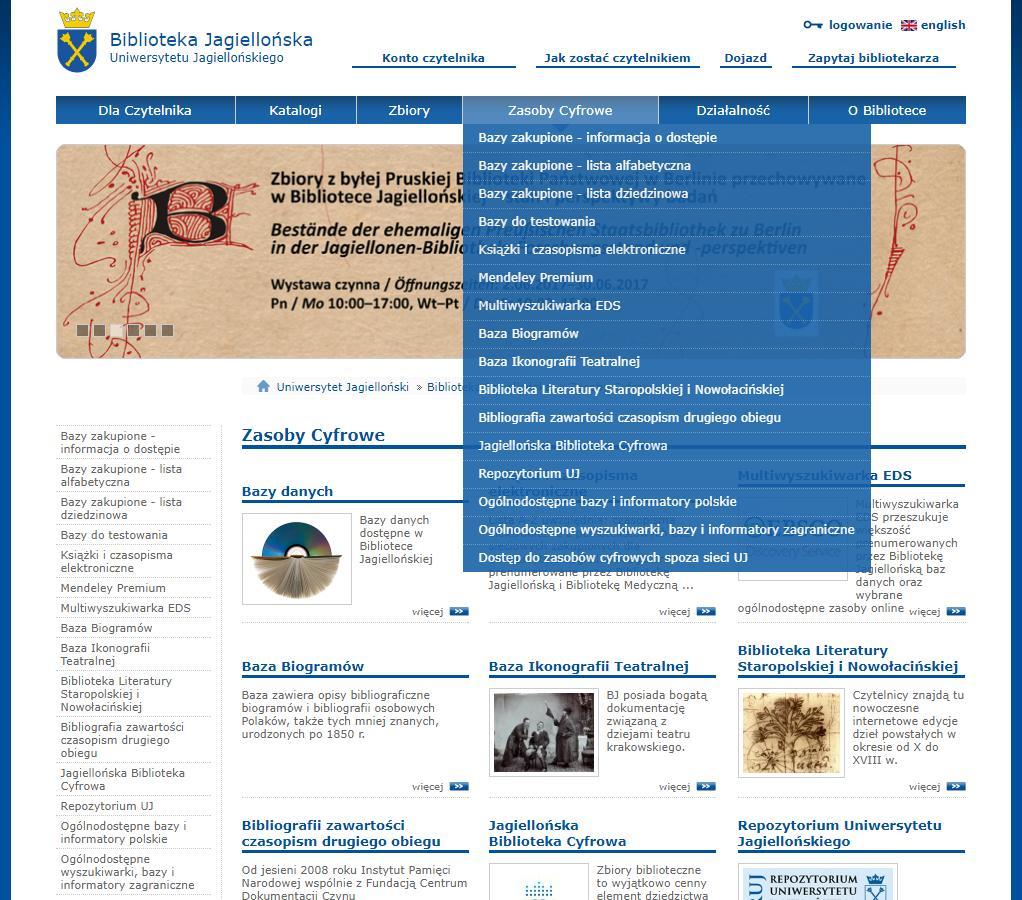 Rys. 6. Strona internetowa BJ zasoby cyfrowe Źródło: BJ [online]. 2017, [dostęp 15.06.2017]. Dostępny w: http://www.bj.uj.edu.pl/zasobycyfrowe.