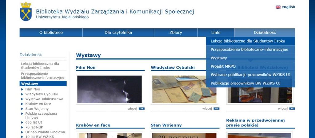 Rys. 13. Strona internetowa Biblioteki Wydziału Zarządzania i Komunikacji Społecznej UJ działalność wystawy Źródło: Biblioteka Wydziału Zarządzania i Komunikacji Społecznej [online]. 2017, [dostęp 15.