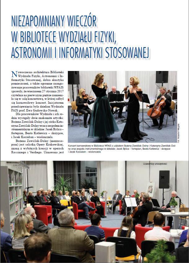 Rys. 15. Reportaż z Koncertu Noworocznego w Bibliotece WFAIS w miesięczniku Alma Mater, marzec-kwiecień 2017.