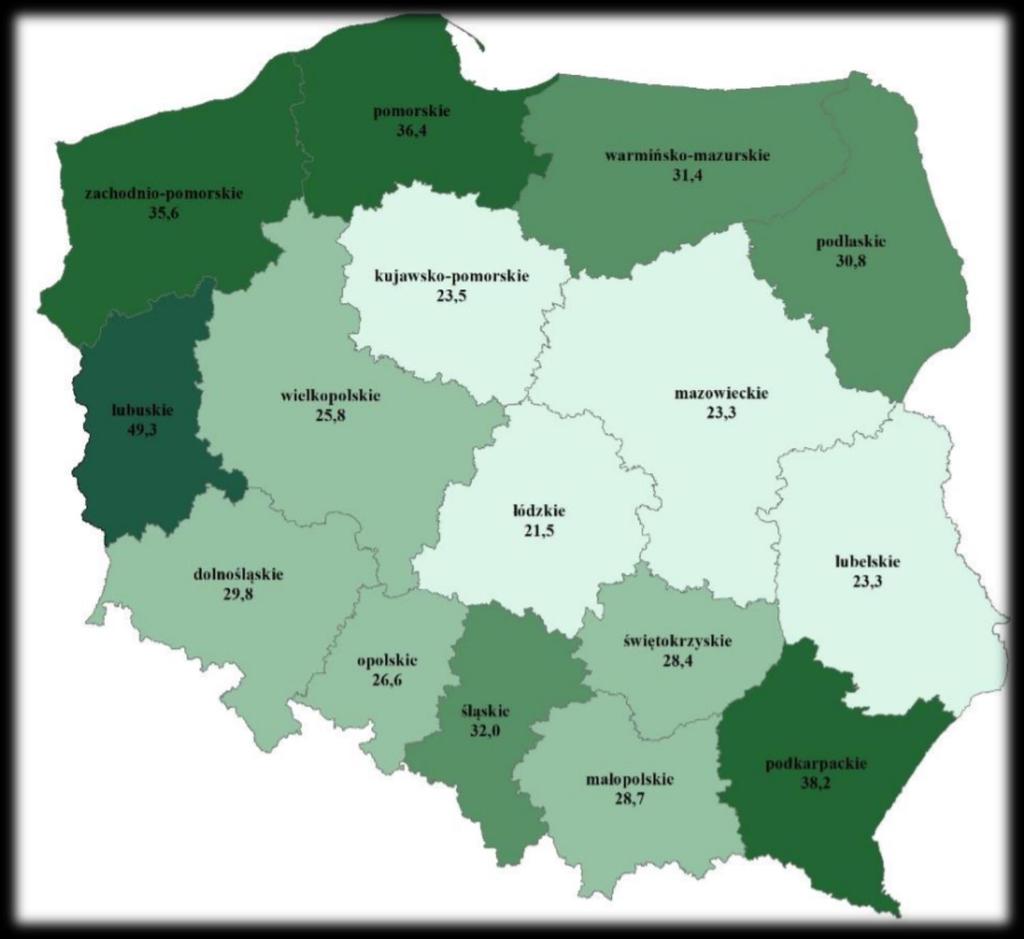 LESISTOŚĆ POLSKI XVIII w. 40% 1945 r. 20,8% 1970 r. 27,0% 2017 r. 29,6% 2020 r.